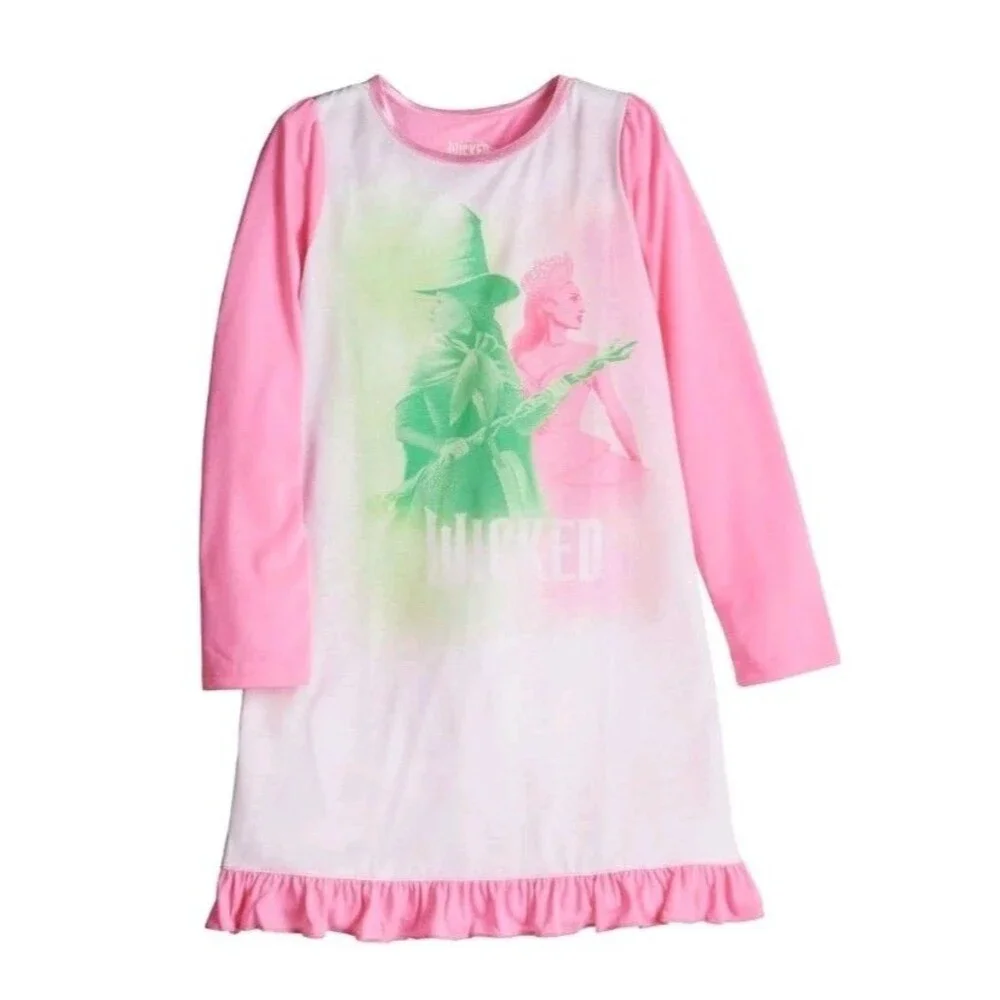 Wicked Girls Nightgown Sz 8 NWT Pink LS Ruffle Hem Elphaba Glinda PJ Sleepwear